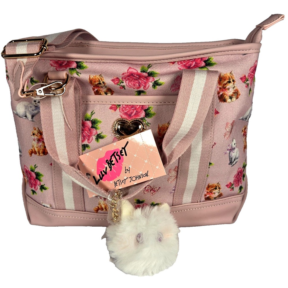 Betsey Johnson Cat Floral Tote Bag Pink Rose Crossbody Faux Fur Charm NWT